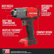 Photo of Craftsman cordless heat gun CMCE530B with key features shown on red background, front angle.
