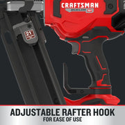 Photo of Craftsman cordless nailer CMCN621PLB, close-up side view showing adjustable rafter hook and 21° magazine.