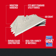 Craftsman utility knife blades CMHT11921A, silver, 100 pack, side angle, durable construction, fits standard knives.