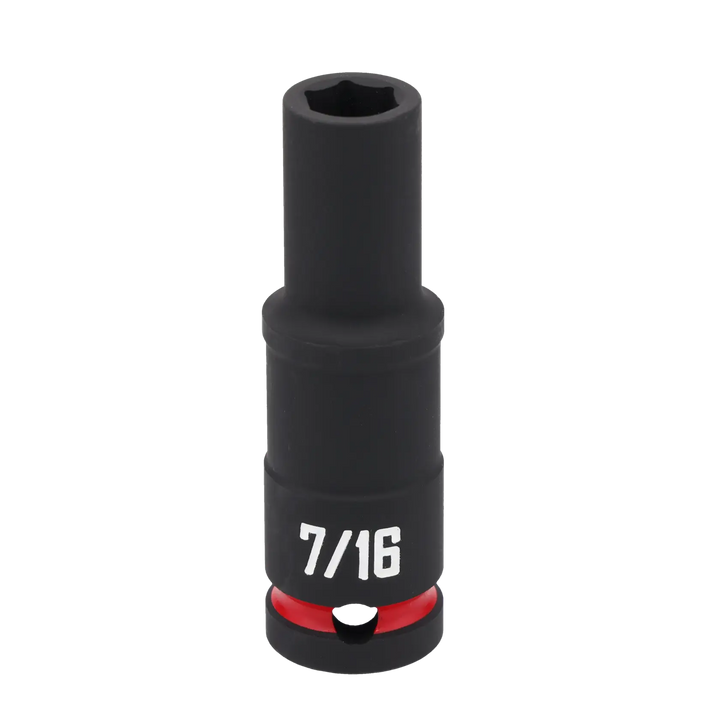 A close-up image of a black Craftsman deep socket with '7/16' marked in white text. The socket features a red ring near the base.