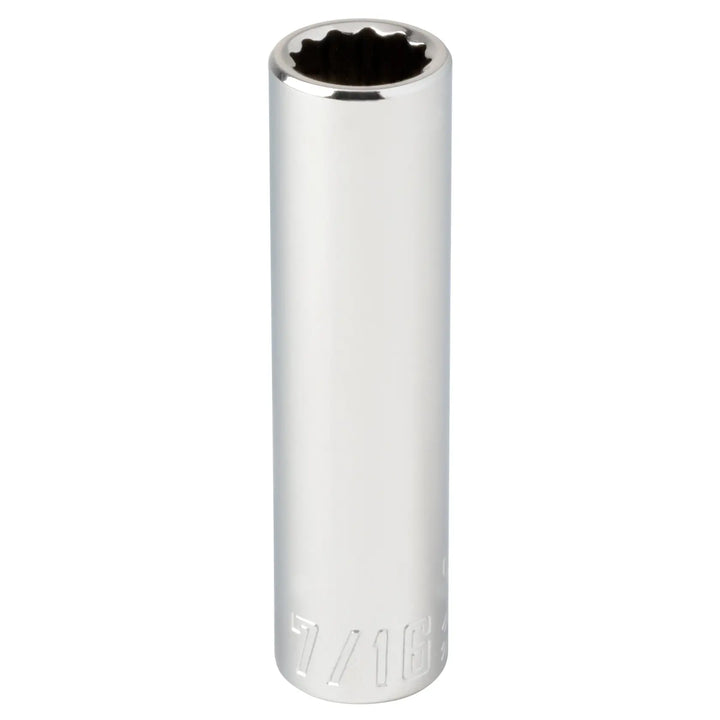 Craftsman chrome long socket, 7/16 inch size, front angle, CMMT43311.