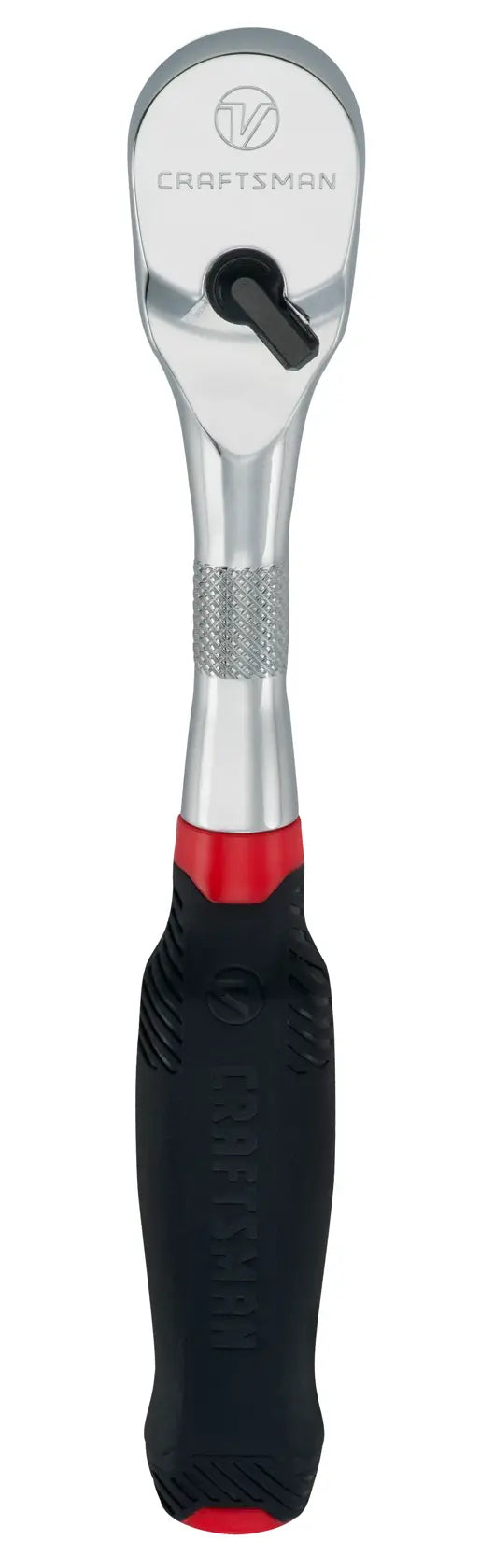 Photo of Craftsman ratchet wrench CMMT86324V, front angle, black and red handle with knurled grip.