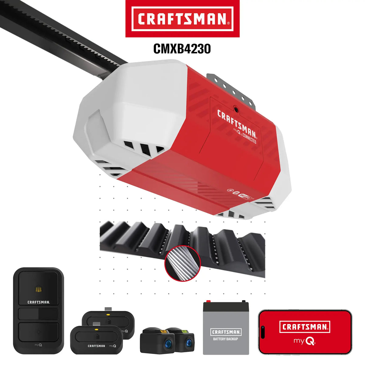 Photo of Craftsman CMXB4230 garage door opener kit with remote controls, sensors and battery backup.