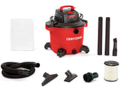 Photo of Craftsman wet/dry vacuum, SKU CMXEVBE18695, with red tank, black top, hose, extension wands, filter, and accessories, front angle.